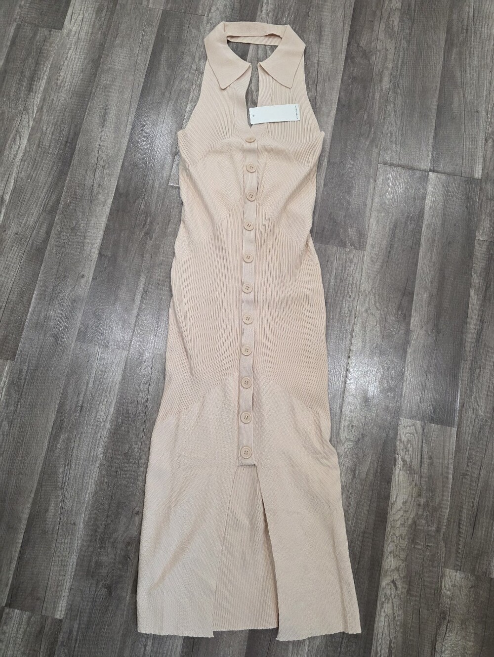 Nwt RIBBED midi Dress Collared Button Knit Midi Beige Corpcore Academia Y2K - Picture 11 of 13
